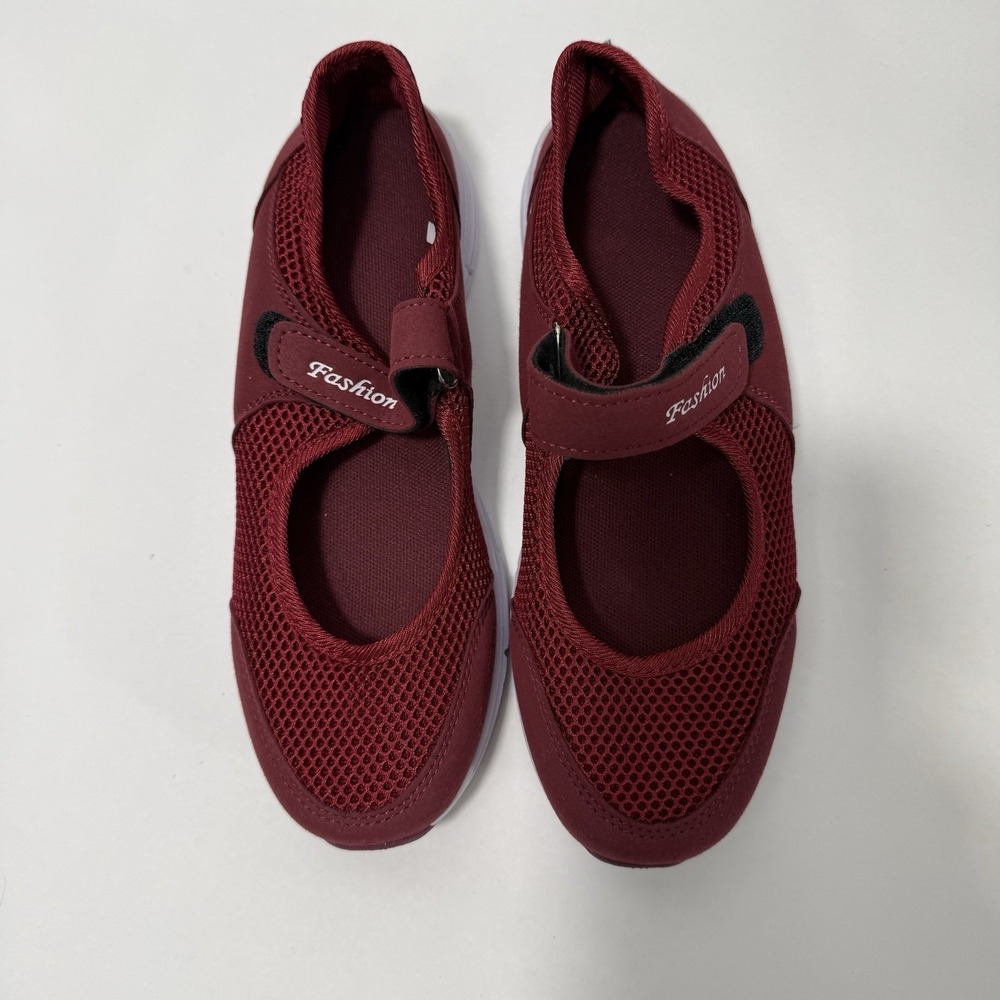 Burgundy Mesh Mary Jane Athletic Shoes‎ Comfort Walking Lightweight Flats Strap